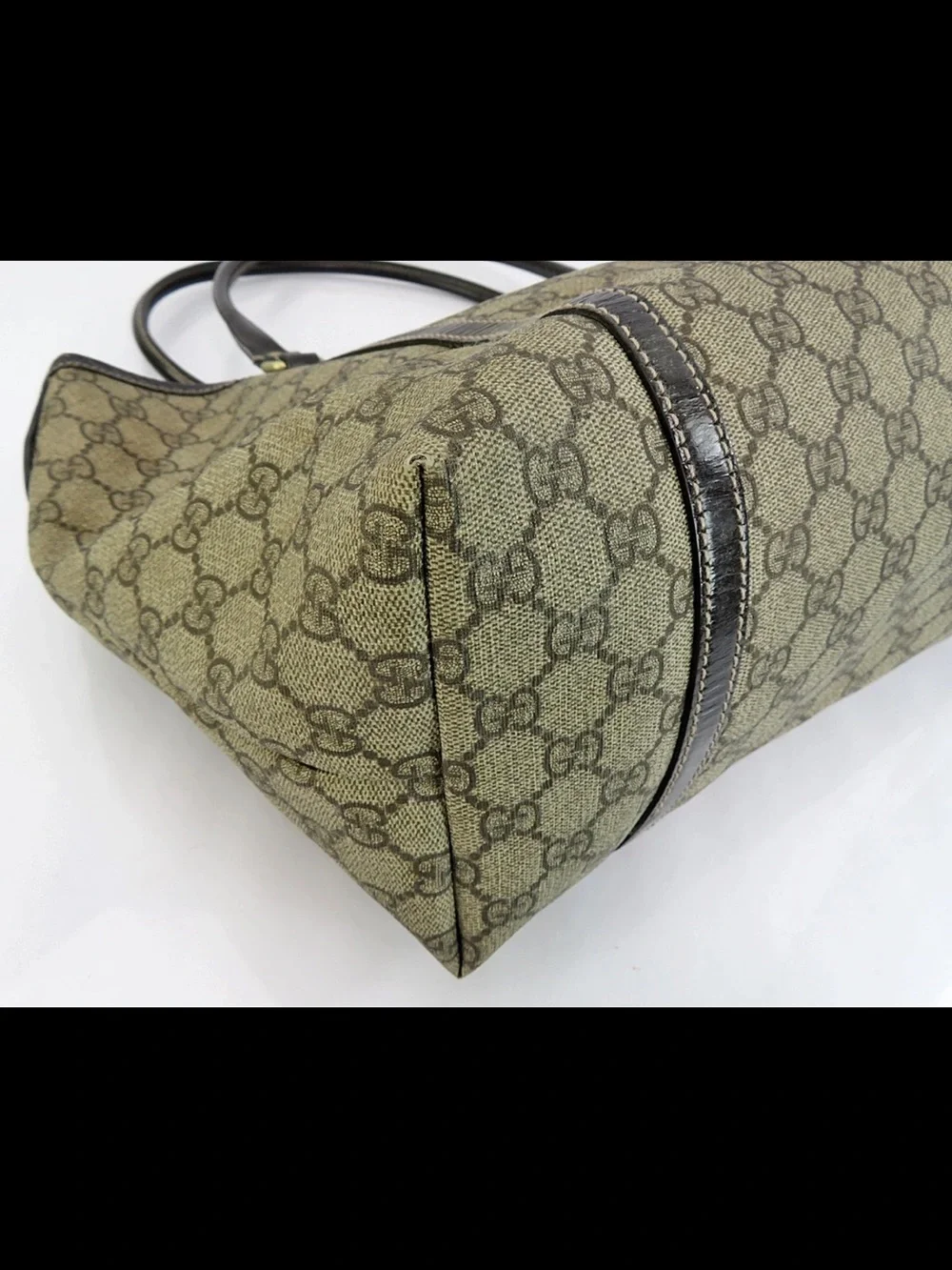 Gucci Beige GG Canvas Tote with Brown Leather Trim